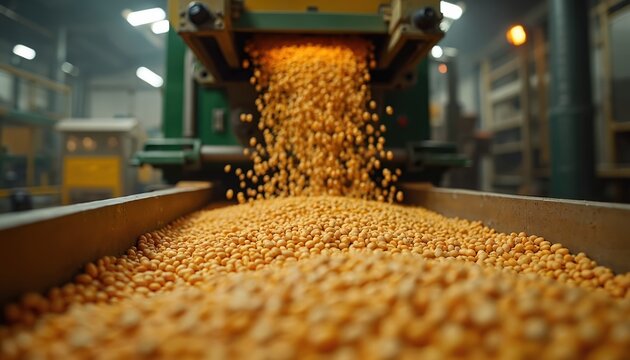 Industrial machinery pours golden soybeans onto conveyor belt. Food factory processes grains on production line. Manufacturing plant handles agricultural raw material. Produces commodity vegan