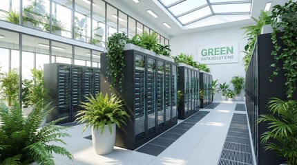 Sustainable data center corridor with green plants supporting eco friendly technology infrastructure
