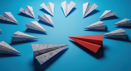 Red plane leads white origami planes
