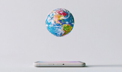 Earth globe hovering above smartphone representing global connectivity