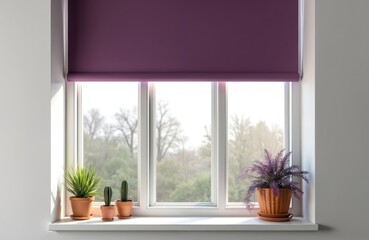 Window with plants on windowsill. Purple roller blind protects from sun. Several pots with greenery create cozy atmosphere. View on outside green landscape.