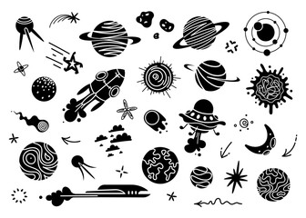 Monochrome space icon set. Black planets and spaceships silhouette design. Universe and galaxy logo. Stars and planets shapes for modern branding trend. Cute Doodle black hand drawn elements.