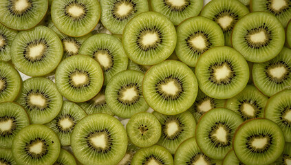 Many kiwi slices in organized pattern overhead, perfect for food bloggers, fruitthemed designs, summer campaigns, and healthy lifestyle content.