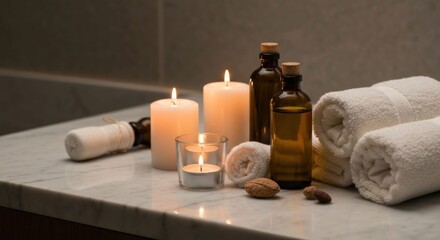 Spa day setup with candles, oil, and towels