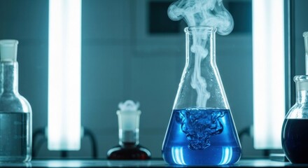 Steaming blue liquid in lab glassware