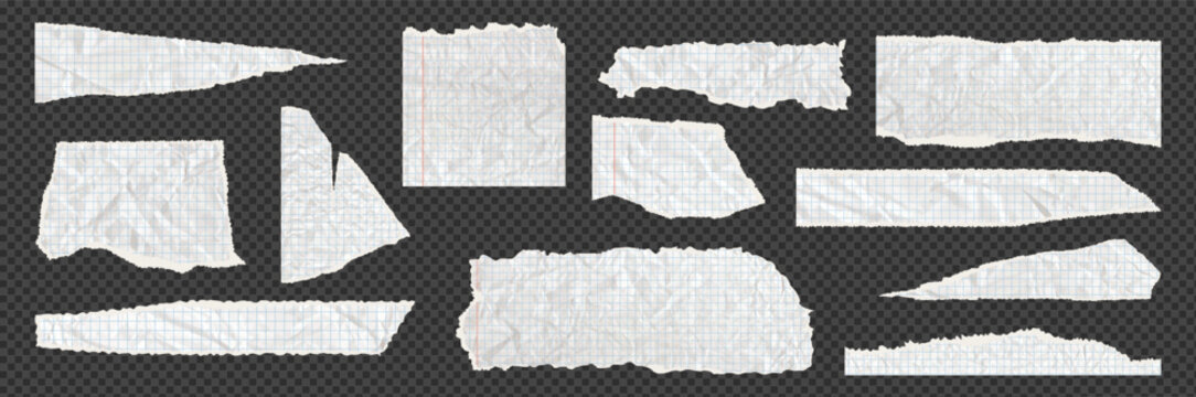 Cut sheets with square grid, cutout collage piece. Torn ripped notebook papers. Realistic blank gridded white cardboard. Vector illustration of different scraps set, calligraphy paper sheet border
