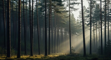 Sunbeams piercing tall, dense pine forest