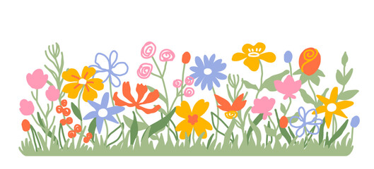 Horizontal flower border. Background botanical border colorful flowers and leaves. Wildflowers and garden plant poster and invitations frame. Simple spring floral banner.