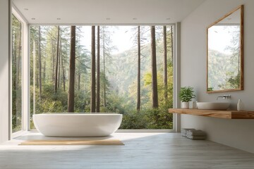 Fototapeta premium Contemporary bathroom features a freestanding tub positioned before a vast picture window showcasing a dense forest scene