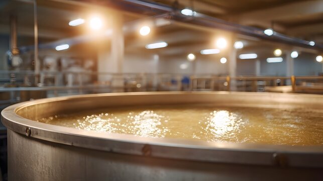 Close up of a large industrial vat filled with golden liquid under bright factory lights