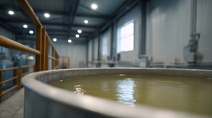 Large industrial vat filled with yellowish liquid inside a modern factory