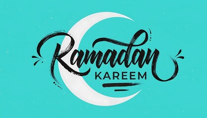 Generate a fresh, modern, and minimalist typographic illustration of the phrase &ldquo;Ramadan Kareem&rdquo;, rendered in bold, expressive black brush-stroke calligraphy that flows dynamically across a clean, vib