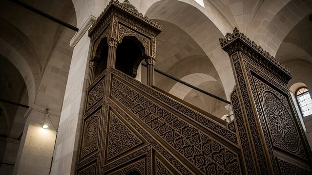 Ornate wooden minbar pulpit inside the Ibrahimi Mosque in Hebron in soft ambient light