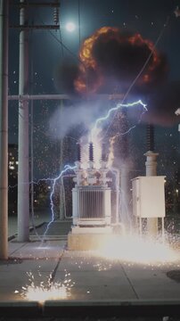 Dangerous electrical explosion of a high voltage transformer at a power station during the night, causing a massive fireball, arcing, sparks, and thick black smoke creating a power outage