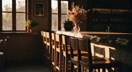 Warm interior cafe, bar stools line counter