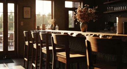 Warm, inviting bar with rustic wooden counter
