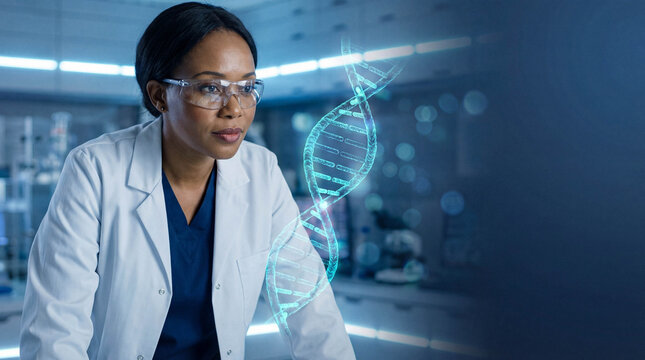 Black female scientist in white lab coat analyzing futuristic holographic DNA double helix structure for advanced biotechnology research concept - Powered by Adobe