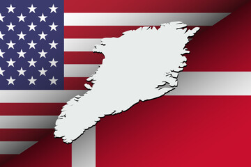 United states American, Denmark flags and Greenland map Concept of a possible military conflict, annexation, occupation, war, tension, Cooperation, partnership, negotiation background
