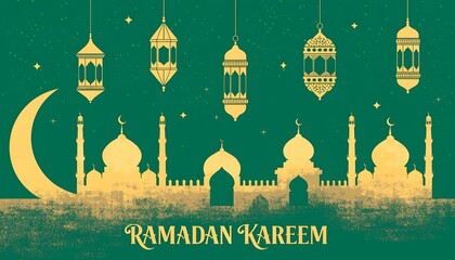 Minimalist Ramadan Background with Golden Lantern Line Art and Celestial Islamic Symbols