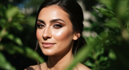 Woman's portrait, green foliage, soft lighting