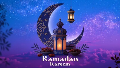 Dreamlike Ramadan Kareem Illustration with Golden Crescent Moon Lantern and Celestial Islamic Night Sky
