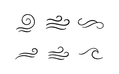 Obraz premium Collection of hand-drawn wind and wave icons in a simple black and white style