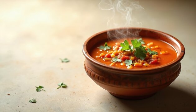 Appetizing bowl of hot rasam soup with steam rising. Garnished with fresh coriander. Warm tomato broth with vegetables. Culinary image of healthy Indian dish.