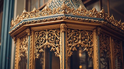 Intricate, gold-leafed decorative structure with complex ornamental carvings in ornate design