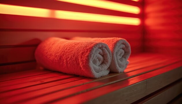 Sauna interior with rolled towels on bench. Warm red light creates inviting atmosphere for relaxation. Concept for spa treatments and promoting health through detoxification in wellness center.