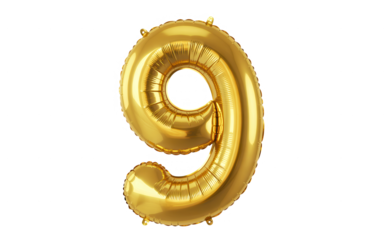 Gold metallic balloon number nine isolated on transparent background