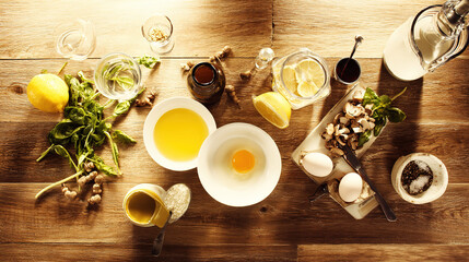 Artistic arrangement of fresh ingredients on a wooden surface, captured with diffused natural light.
