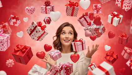 A happy young woman is surprised by a shower of falling Valentine's Day gifts and hearts. Joyful female celebrating a romantic holiday with an abundance of presents on a red background