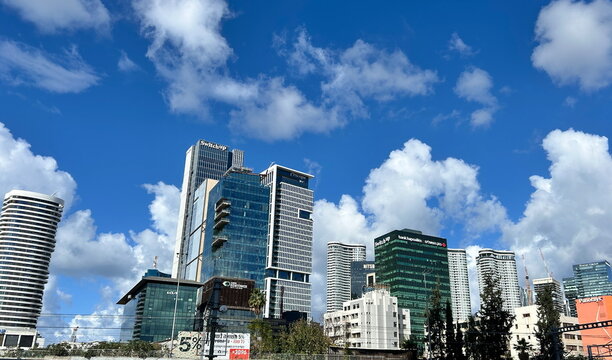 City center, skyscrapers, Hashalom train station. Azrieli Towers. Ayalon Highway. Israel. Tel Aviv