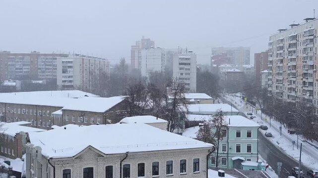 Snowfall in winter day after hurricane frances in Moscow, Russia