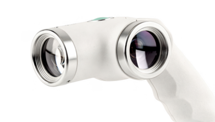 Angled view of a handheld dermatoscope highlighting its ergonomic grip and lens detail against a bright seamless white background.