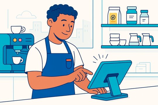 Barista using touchscreen point of sale system in coffee shop with modern technology interface on a bright light abstract background. Ai generative