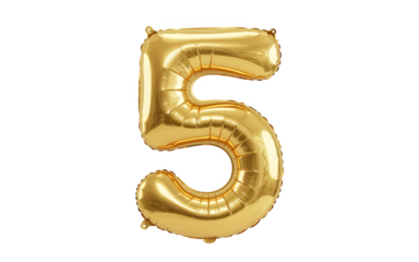Golden foil balloon number five isolated on transparent background