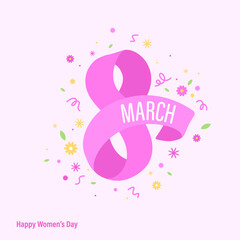 8 march design. Number eight with flowers, confetti, springs. Happy women's day.