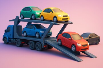 Fototapeta premium Colorful toy-style cars on a transport truck with stylized lighting and smooth abstract background in pastel tones. Ai generative