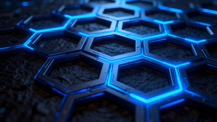 Hexagonal grid with glowing blue edges on a dark textured surface