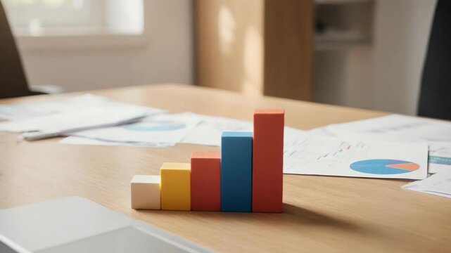 A wooden desk with a laptop, colorful blocks arranged like a bar graph, and scattered papers with pie charts in a blurred office background