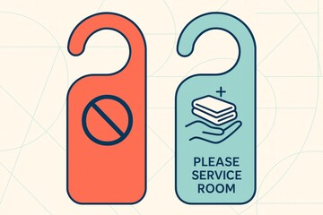 Hotel door hangers with service and do-not-disturb signs on light background.