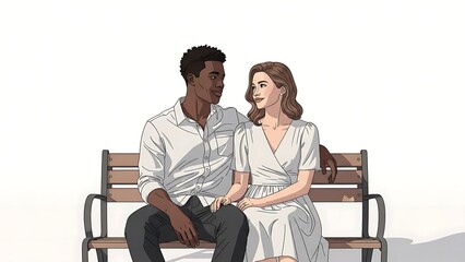 Couple Sitting On Bench White Background