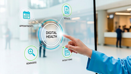 A person interacting with digital health services in a modern medical facility