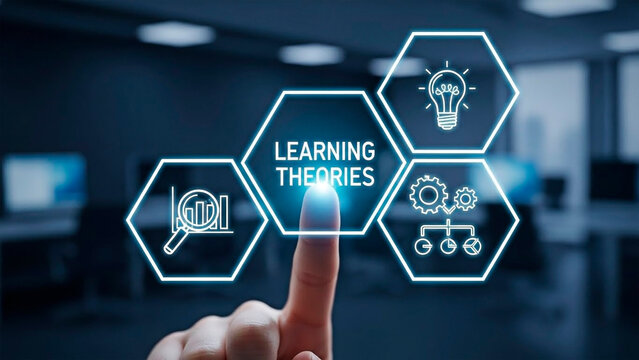A hand interacting with learning theories icons in a modern office