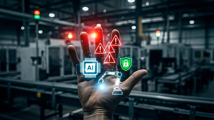 A hand displaying futuristic AI icons in an industrial setting with warning signs