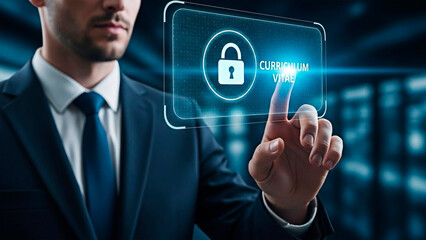 A businessman securing digital information with a virtual padlock