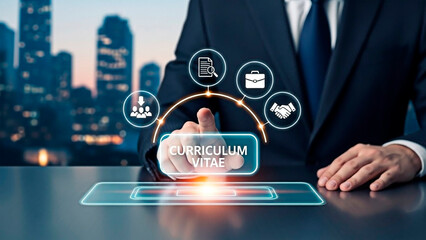 A businessman interacting with a digital curriculum vitae interface in a modern cityscape