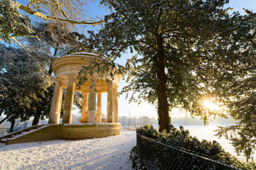 Snow on the temple of the Reuilly island in the 12th arrondissement of Paris city