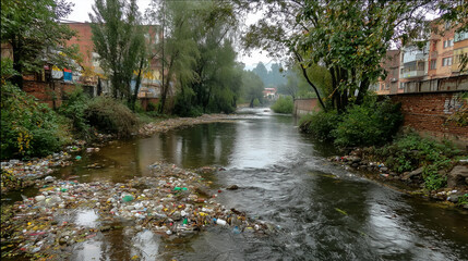 Severe plastic pollution along riverbank showing environmental crisis and urgent need for waste management solutions